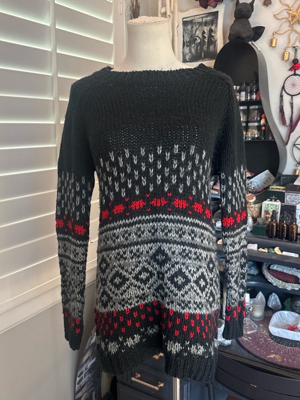 Black Knit Sweater with Red Accents